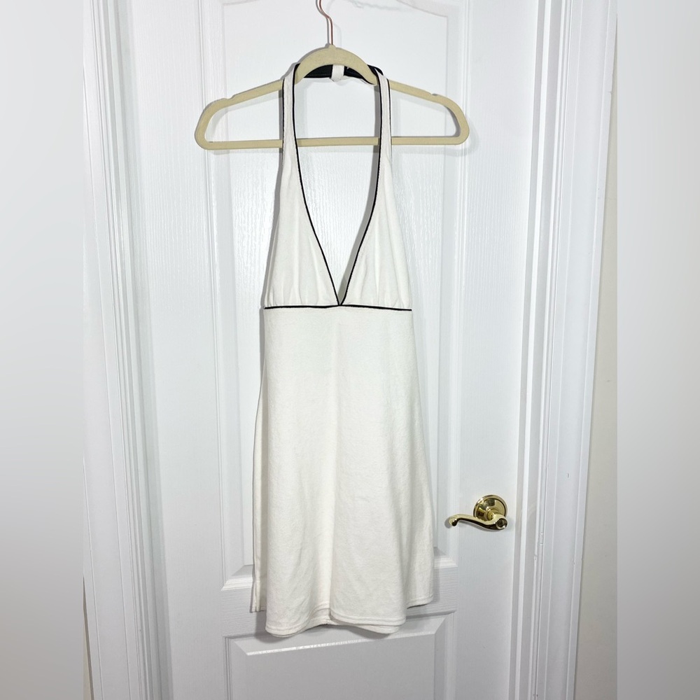 NEW Y2K Terrycloth Halter Swim Coverup Dress White w/ Black Piping Medium